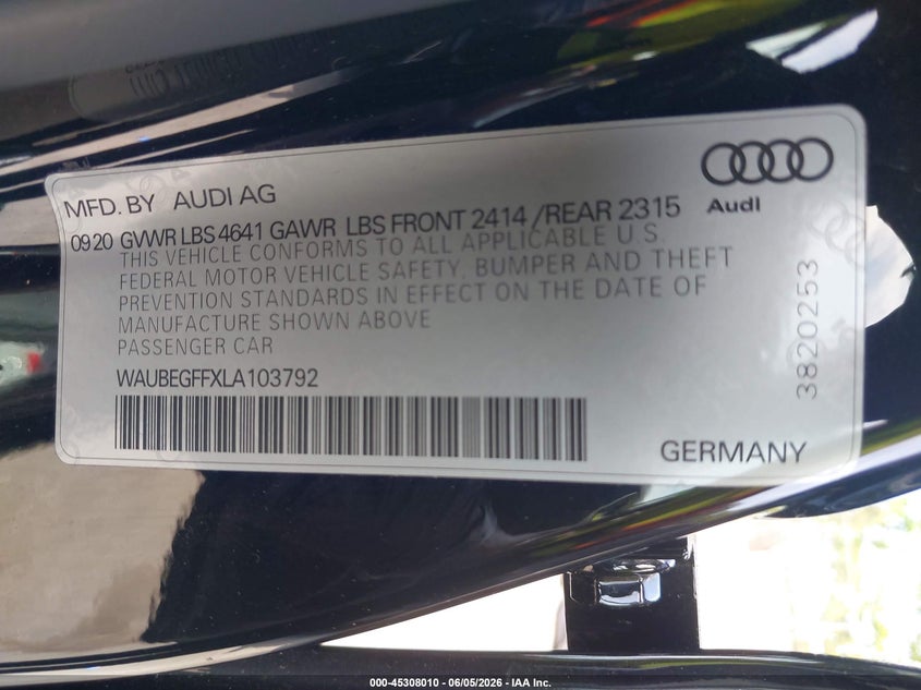 2020 Audi A3 VIN WAUBEGFFXLA103792 IAAI salvage auction — REAR END, Salvage Title, sold $5,525 on 2026-07-07 (photo 9)