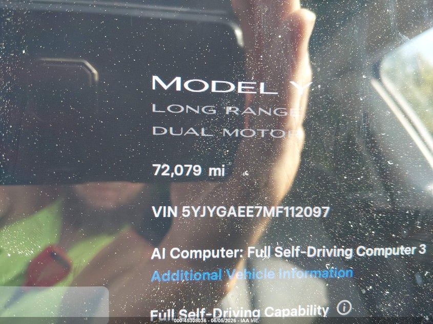 2021 Tesla Model y VIN 5YJYGAEE7MF112097 IAAI salvage auction — FRONT END, Clear (Tennessee), sold $7,600 on 2026-07-30 (photo 7)