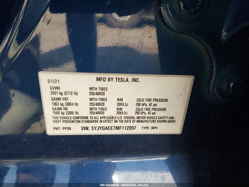 2021 Tesla Model y VIN 5YJYGAEE7MF112097 IAAI salvage auction — FRONT END, Clear (Tennessee), sold $7,600 on 2026-07-30 (photo 9)