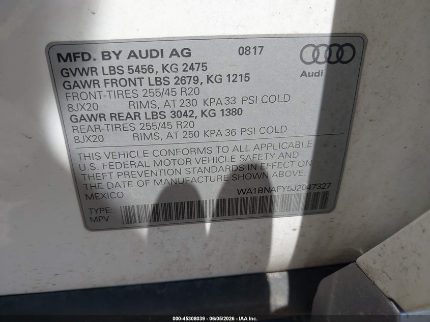 2018 Audi Q5 VIN WA1BNAFY5J2047327 IAAI salvage auction — FRONT END, Salvage (Ohio), sold $4,200 on 2026-07-28 (photo 9)