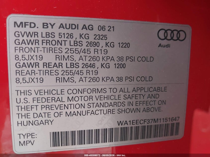 2021 Audi Q3 VIN WA1EECF37M1151647 IAAI salvage auction — FRONT END, Salvage Title, sold $10,600 on 2026-08-07 (photo 9)