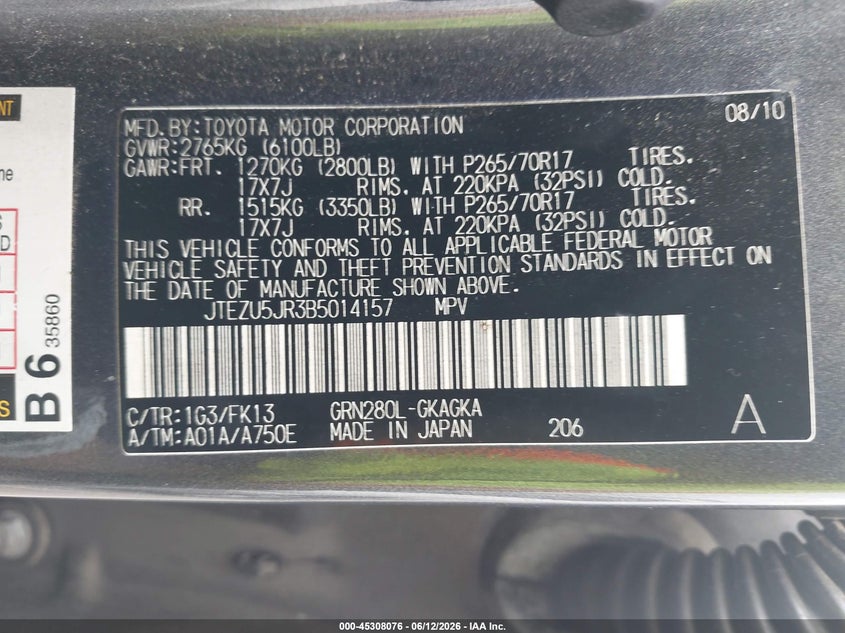 2011 Toyota 4runner VIN JTEZU5JR3B5014157 IAAI salvage auction — SIDE, Salvage (Tennessee), sold $3,950 on 2026-07-14 (photo 9)