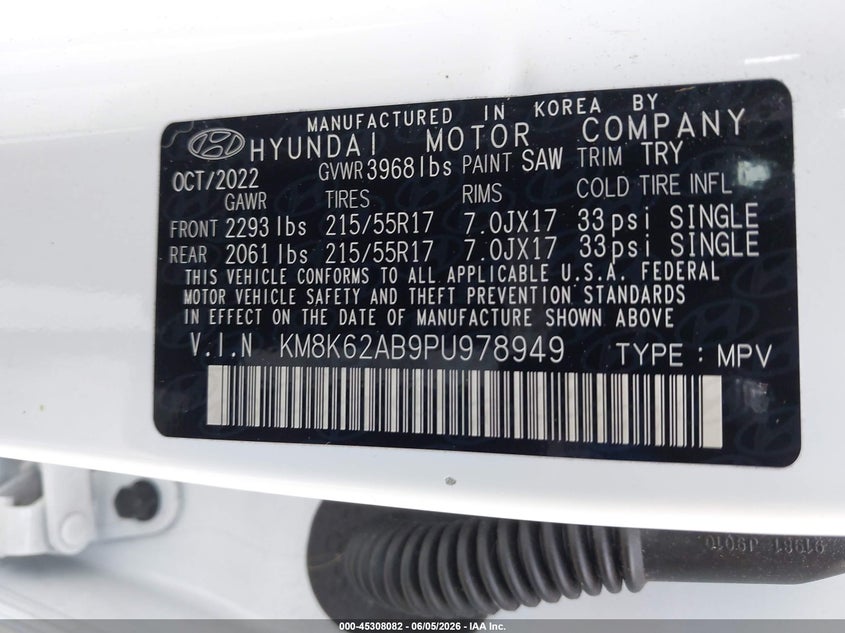 2023 Hyundai Kona VIN KM8K62AB9PU978949 IAAI salvage auction — RIGHT REAR, Salvage Title, sold $6,700 on 2026-07-06 (photo 9)