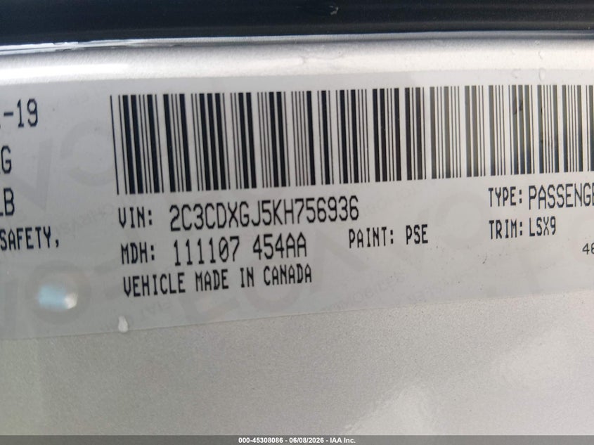 2019 Dodge Charger VIN 2C3CDXGJ5KH756936 IAAI salvage auction — FRONT END, Salvage Title, sold $10,150 on 2026-07-29 (photo 9)
