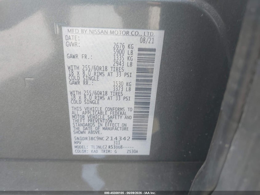 2022 Nissan Pathfinder VIN 5N1DR3BC9NC214342 IAAI salvage auction — FRONT END, Salvage Title, sold $6,700 on 2026-07-09 (photo 9)