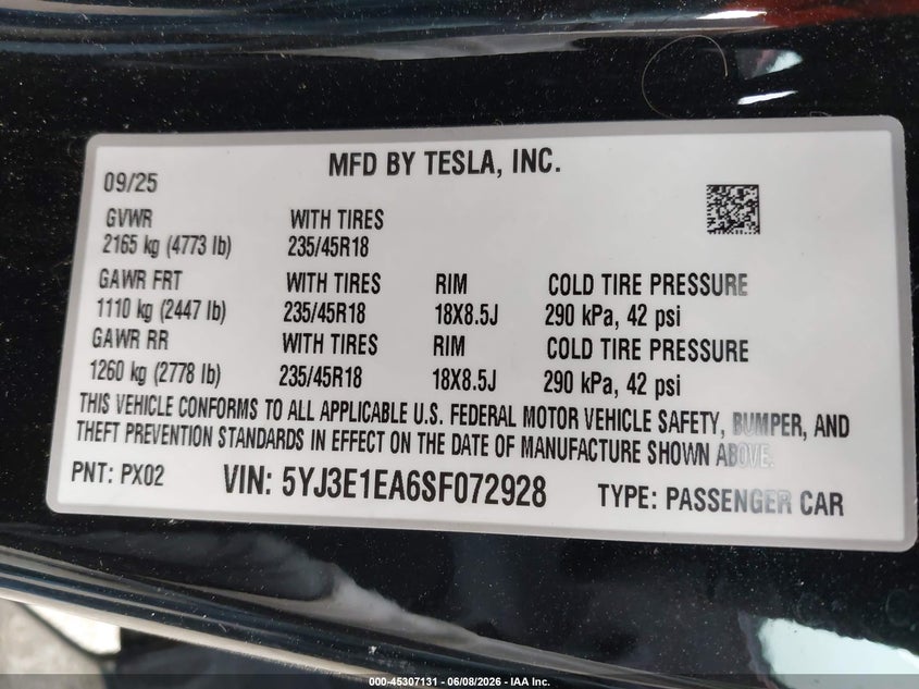 2025 Tesla Model 3 VIN 5YJ3E1EA6SF072928 IAAI salvage auction — RIGHT SIDE, Salvage Title, sold $4,650 on 2026-07-28 (photo 9)
