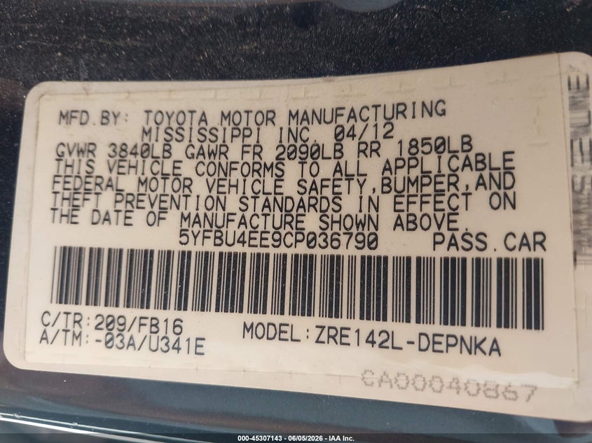 2012 Toyota Corolla VIN 5YFBU4EE9CP036790 IAAI salvage auction — FRONT END, Original (Texas), sold $1,500 on 2026-07-20 (photo 9)