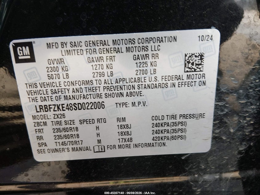 2025 Buick Envision VIN LRBFZKE48SD022006 IAAI salvage auction — FRONT & REAR, Salvage (Illinois), sold $3,250 on 2026-07-28 (photo 9)