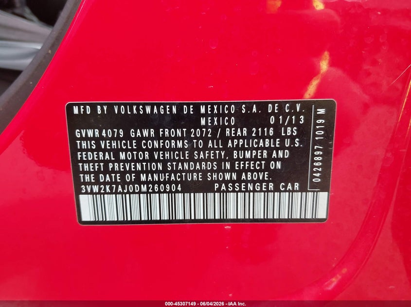 2013 Volkswagen Jetta VIN 3VW2K7AJ0DM260904 IAAI salvage auction — NORMAL WEAR, Clear (Hawaii), sold $100 on 2026-07-28 (photo 9)