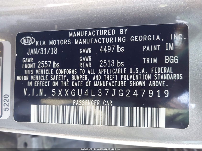 2018 Kia Optima VIN 5XXGU4L37JG247919 IAAI salvage auction — NORMAL WEAR, Repossession Paperwork (Georgia), sold $1,250 on 2026-07-22 (photo 9)