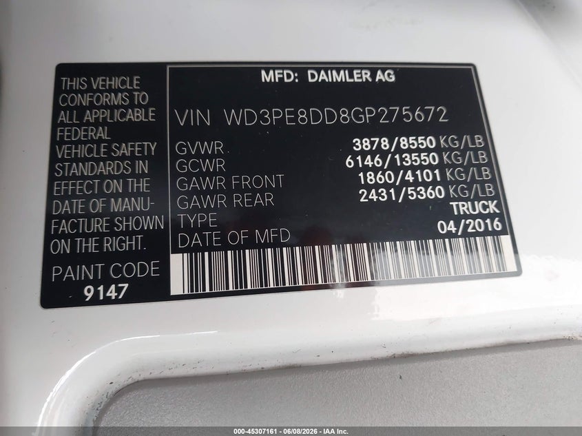 2016 Mercedes-benz Sprinter VIN WD3PE8DD8GP275672 IAAI salvage auction — FRONT END, Salvage Title, sold $1,300 on 2026-07-14 (photo 9)