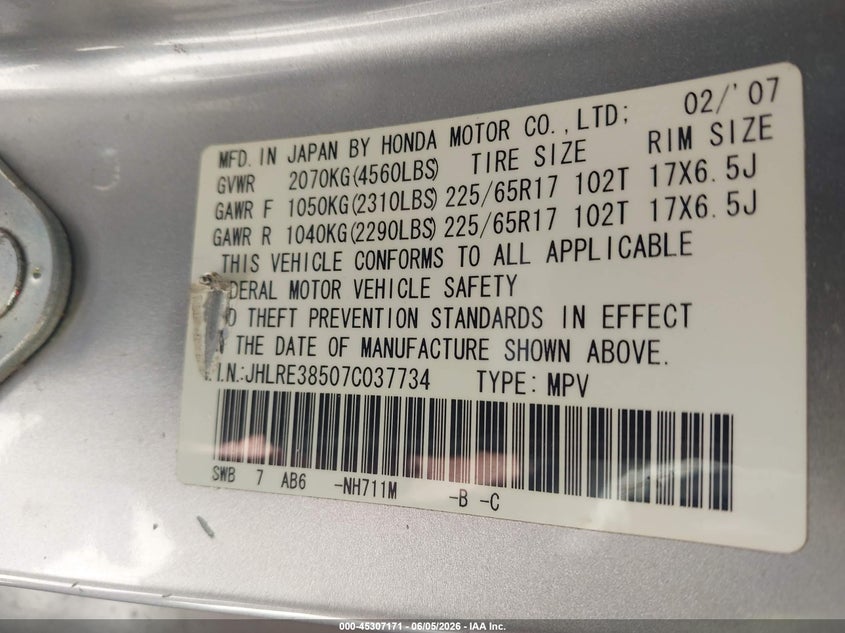 2007 Honda Cr-v VIN JHLRE38507C037734 IAAI salvage auction — RIGHT SIDE, Repossession Paperwork (South Carolina), sold $725 on 2026-07-10 (photo 9)
