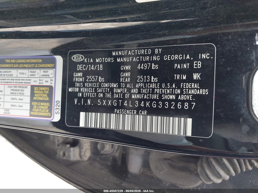 2019 Kia Optima VIN 5XXGT4L34KG332687 IAAI salvage auction — RIGHT SIDE, Repossessed (Missouri), sold $1,100 on 2026-07-14 (photo 9)