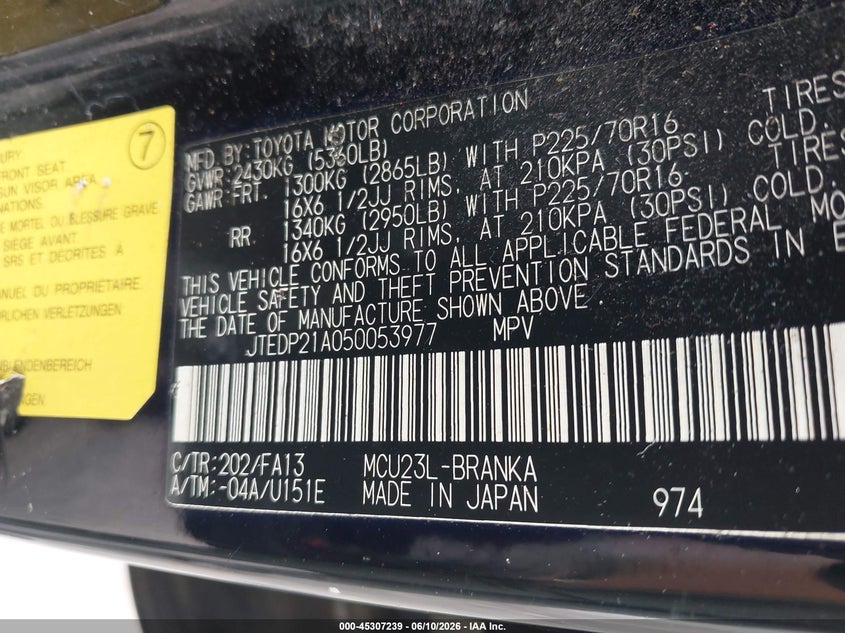 2005 Toyota Highlander VIN JTEDP21A050053977 IAAI salvage auction — NORMAL WEAR, Repossession Paperwork (Georgia), sold $300 on 2026-07-22 (photo 9)