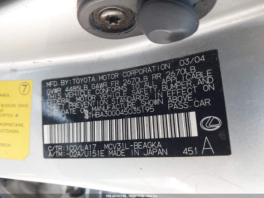 2004 Lexus ES VIN JTHBA30G045035195 IAAI salvage auction — SIDE, Clear-Dealer Only (Maryland), sold $475 on 2026-07-09 (photo 9)