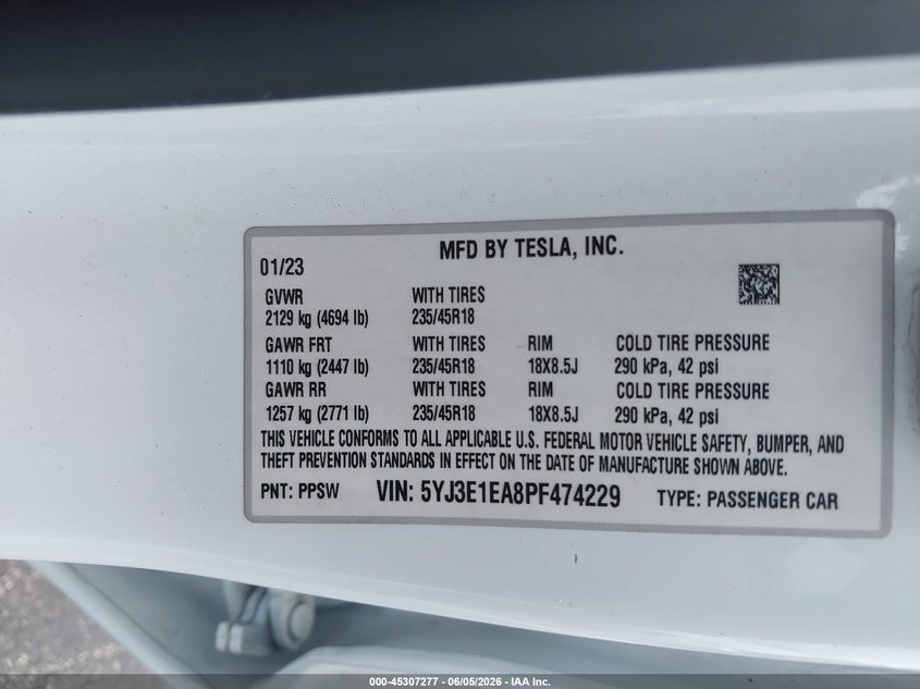 2023 Tesla Model 3 VIN 5YJ3E1EA8PF474229 IAAI salvage auction — WATER/FLOOD, Salvage Title, sold $7,500 on 2026-07-09 (photo 9)