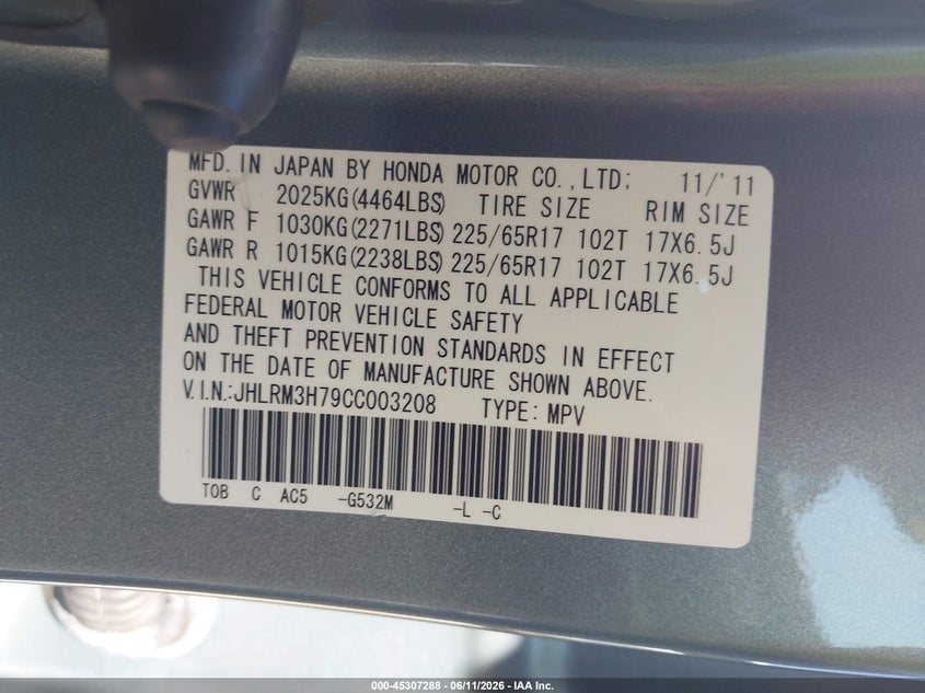 2012 Honda Cr-v VIN JHLRM3H79CC003208 IAAI salvage auction — FRONT END, Salvage (North Carolina), sold $1,950 on 2026-07-10 (photo 9)