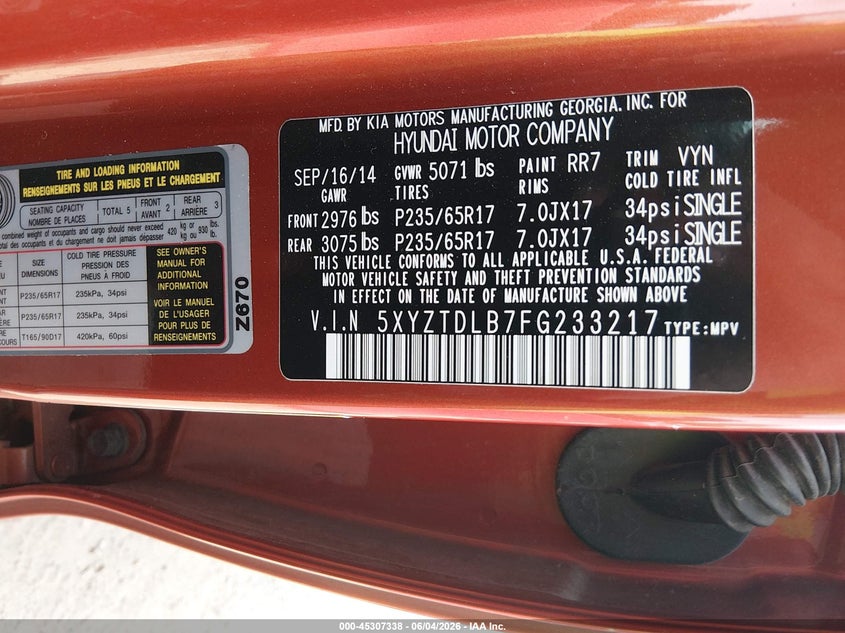 2015 Hyundai Santa fe VIN 5XYZTDLB7FG233217 IAAI salvage auction — NORMAL WEAR, Salvage Title, sold $1,500 on 2026-07-30 (photo 9)