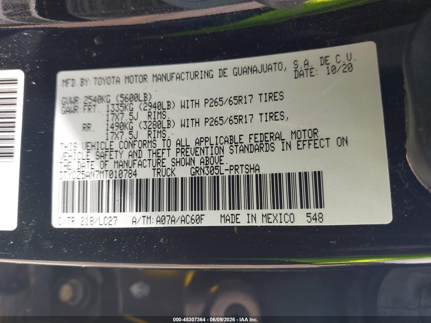 2021 Toyota Tacoma VIN 3TYCZ5AN7MT010784 IAAI salvage auction — FRONT END, Salvage Title, sold $11,150 on 2026-07-18 (photo 9)