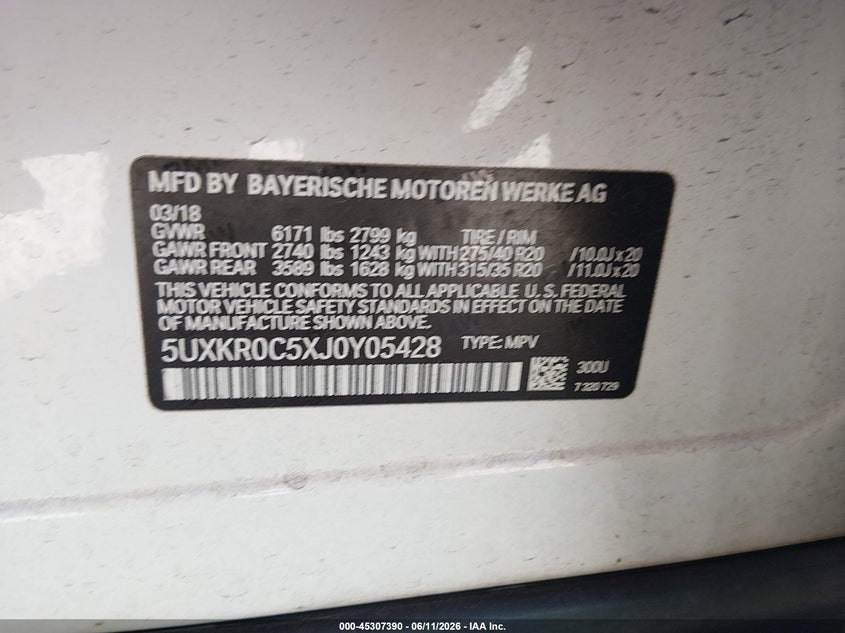 2018 BMW X5 VIN 5UXKR0C5XJ0Y05428 IAAI salvage auction — FRONT & REAR, Salvage (Georgia), sold $7,050 on 2026-07-10 (photo 9)