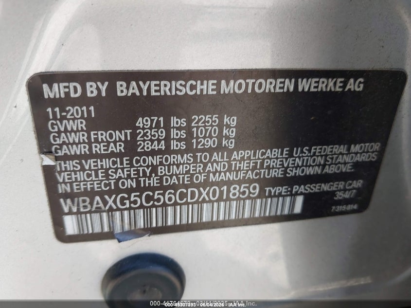 2012 BMW 5er VIN WBAXG5C56CDX01859 IAAI salvage auction — FRONT & REAR, Salvage (Idaho), sold $425 on 2026-07-15 (photo 9)