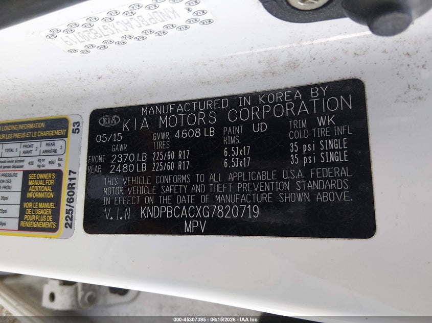 2016 Kia Sportage VIN KNDPBCACXG7820719 IAAI salvage auction — FRONT END, Clear (Indiana), sold $600 on 2026-07-22 (photo 9)