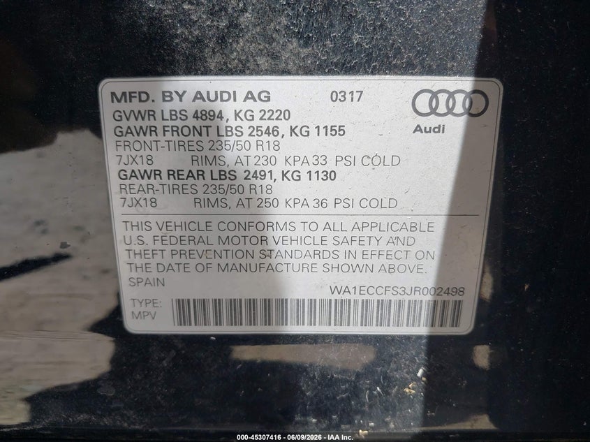 2018 Audi Q3 VIN WA1ECCFS3JR002498 IAAI salvage auction — REAR END, Salvage Title, sold $2,800 on 2026-07-21 (photo 9)