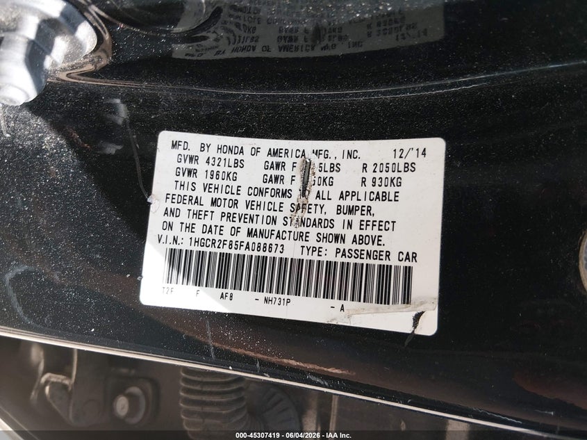 2015 Honda Accord VIN 1HGCR2F85FA088673 IAAI salvage auction — RIGHT SIDE, Salvage Title, sold $1,850 on 2026-07-18 (photo 9)