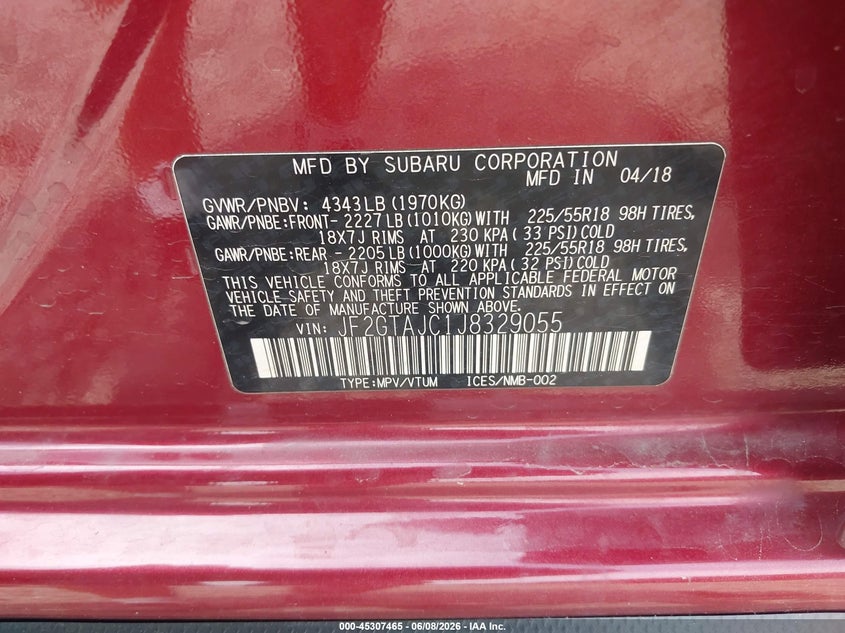 2018 Subaru Xv VIN JF2GTAJC1J8329055 IAAI salvage auction — HAIL, Salvage Title, sold $2,350 on 2026-07-14 (photo 9)