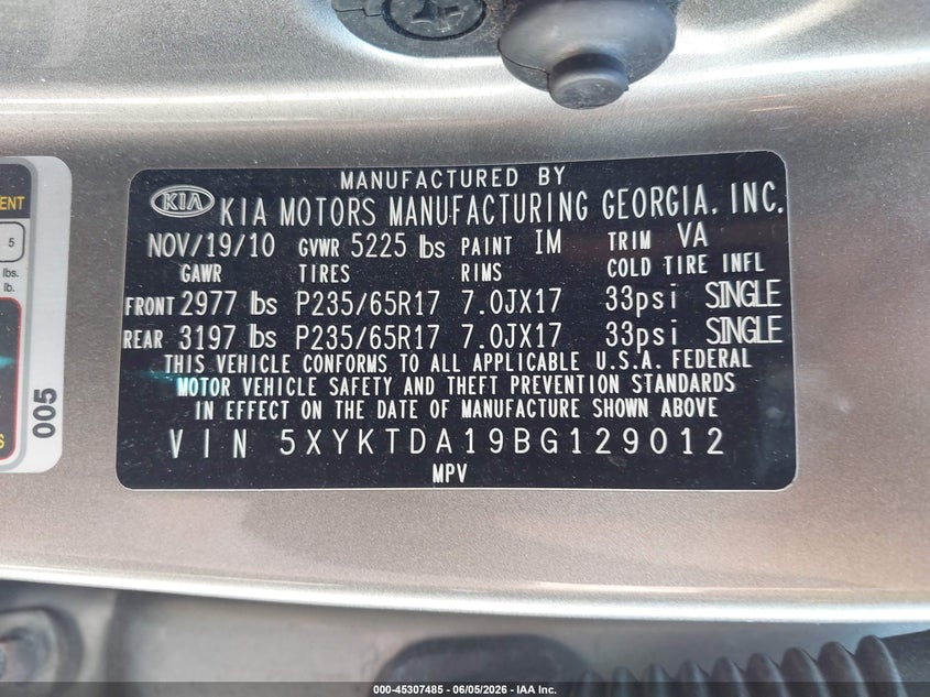 2011 Kia Sorento VIN 5XYKTDA19BG129012 IAAI salvage auction — NORMAL WEAR, Clear (Pennsylvania), sold $1,000 on 2026-07-07 (photo 9)