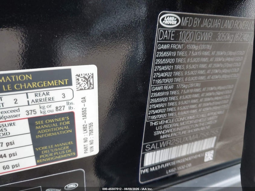 2021 Land rover Range rover sport VIN SALWR2SUXMA758755 IAAI salvage auction — FRONT END, Salvage Title, sold $13,700 on 2026-07-12 (photo 9)