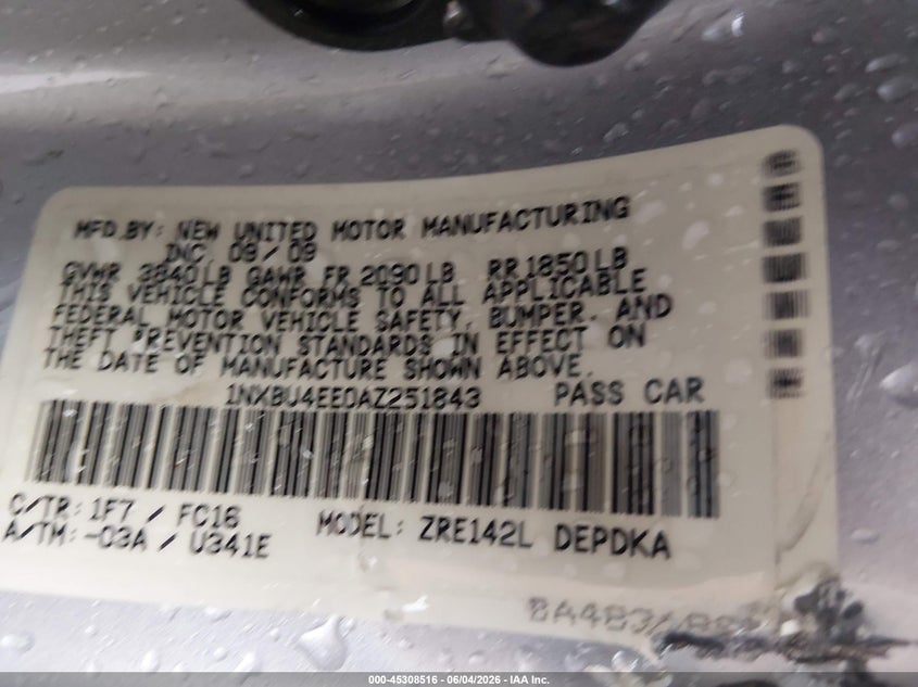 2010 Toyota Corolla VIN 1NXBU4EE0AZ251843 IAAI salvage auction — LEFT SIDE, Salvage (Kansas), sold $2,100 on 2026-07-10 (photo 9)