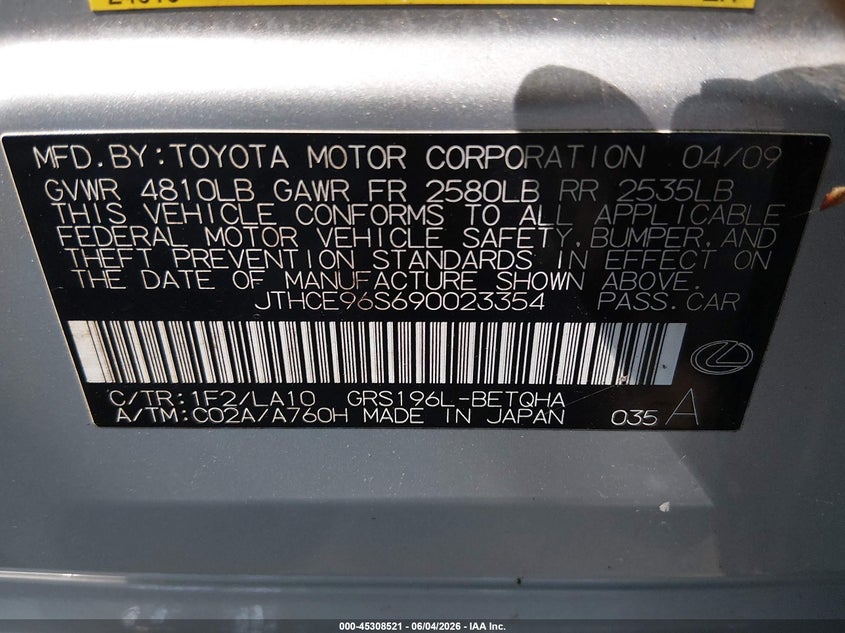 2009 Lexus Gs 350 VIN JTHCE96S690023354 IAAI salvage auction — NORMAL WEAR, Clear (Virginia), sold $300 on 2026-07-09 (photo 9)