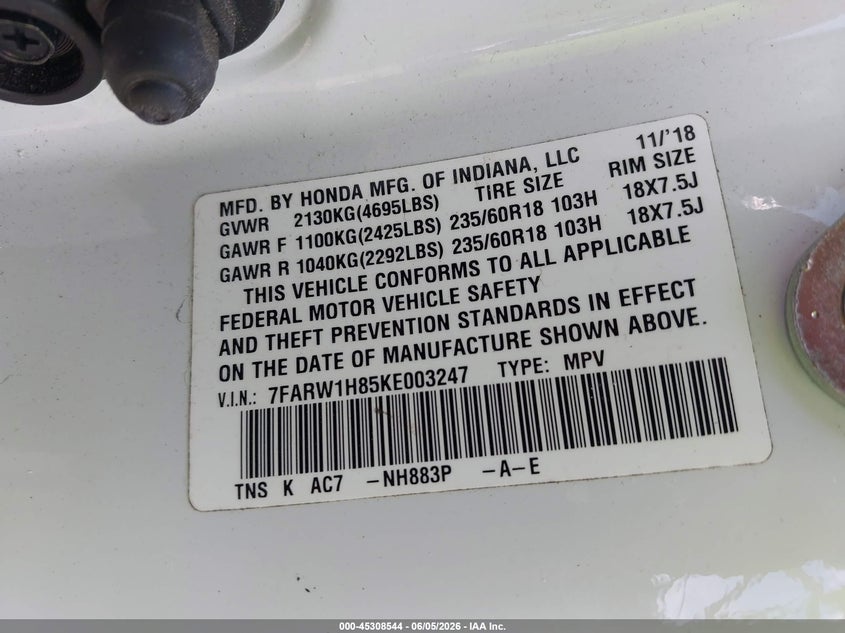 2019 Honda Cr-v VIN 7FARW1H85KE003247 IAAI salvage auction — LEFT SIDE, Salvage (Georgia), sold $6,900 on 2026-07-24 (photo 9)