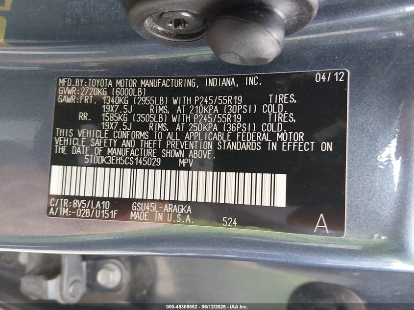 2012 Toyota Highlander VIN 5TDDK3EH5CS145029 IAAI salvage auction — HAIL, Clear (Oklahoma), sold $4,450 on 2026-07-28 (photo 9)