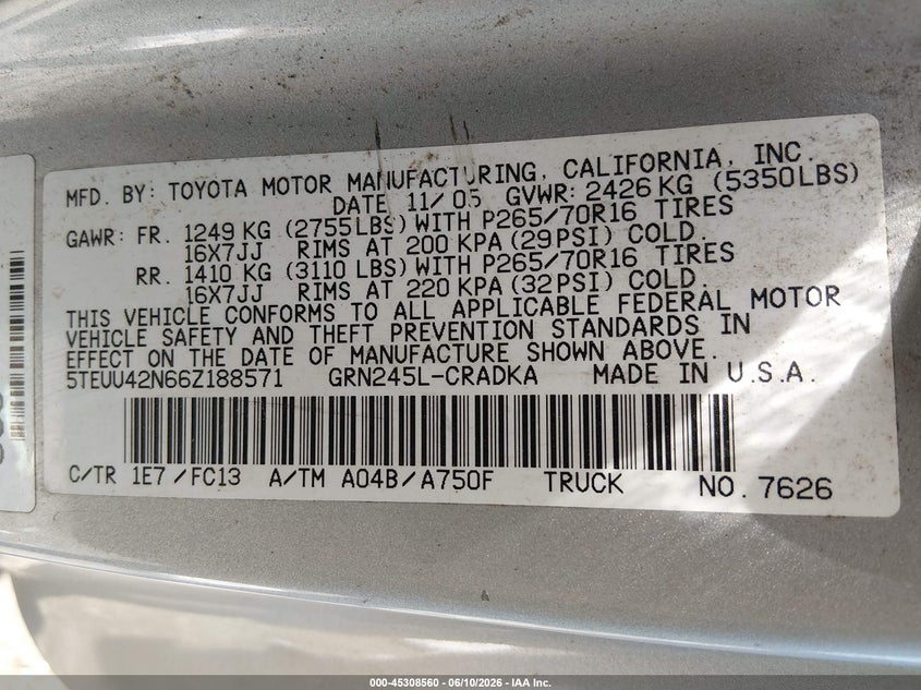 2006 Toyota Tacoma VIN 5TEUU42N66Z188571 IAAI salvage auction — ROLLOVER, Salvage (Tennessee), sold $1,450 on 2026-07-09 (photo 9)