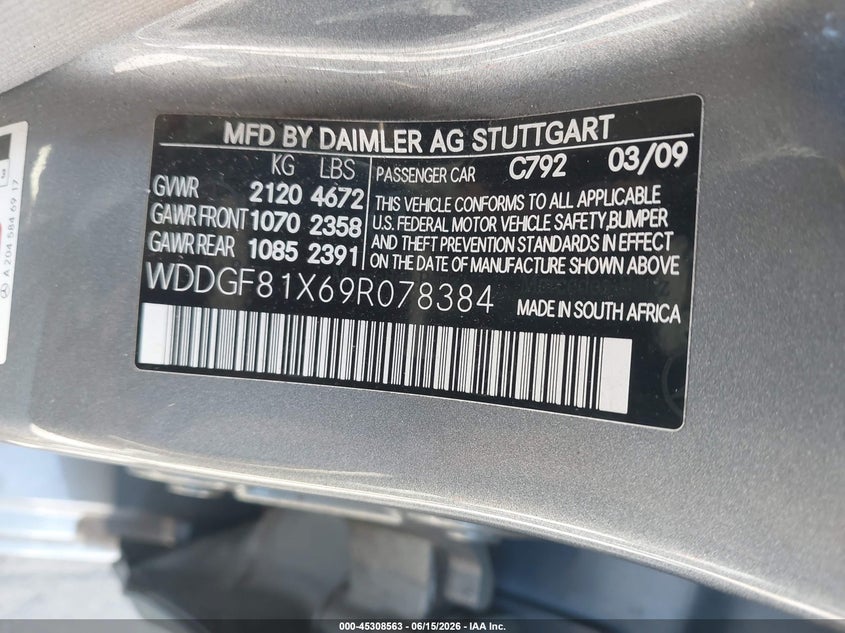 2009 Mercedes-benz C class VIN WDDGF81X69R078384 IAAI salvage auction — REAR END, Salvage (Idaho), sold $1,150 on 2026-07-06 (photo 9)