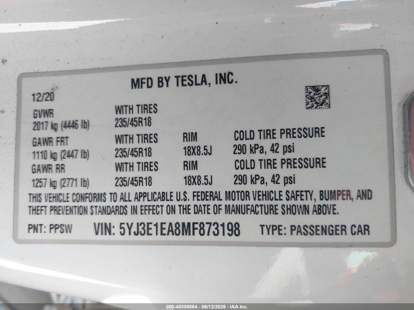 2021 Tesla Model 3 VIN 5YJ3E1EA8MF873198 IAAI salvage auction — SIDE, Salvage Title, sold $3,225 on 2026-07-16 (photo 9)