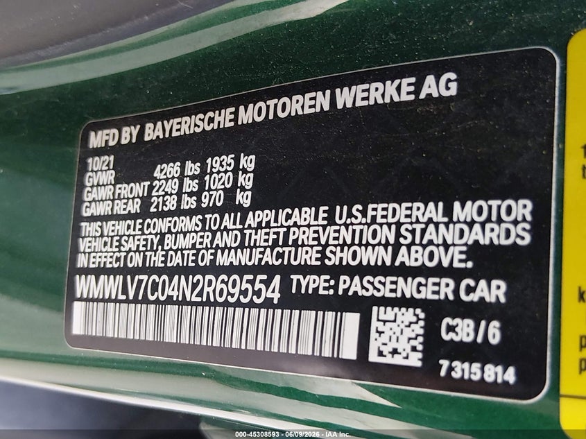 2022 Mini Clubman VIN WMWLV7C04N2R69554 IAAI salvage auction — FRONT END, Salvage Title, sold $1,925 on 2026-08-11 (photo 9)