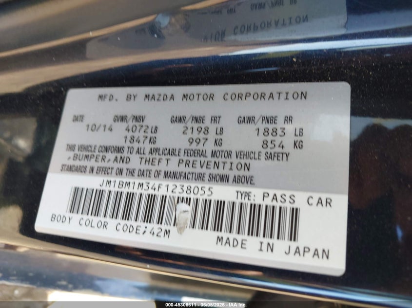 2015 Mazda 3 VIN JM1BM1M34F1238055 IAAI salvage auction — FRONT END, Salvage Title, sold $700 on 2026-08-01 (photo 9)