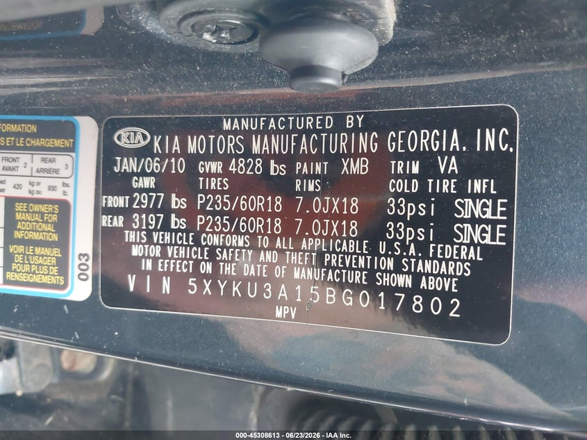 2011 Kia Sorento VIN 5XYKU3A15BG017802 IAAI salvage auction — FRONT END, Clear (New York), sold $1,125 on 2026-07-07 (photo 9)
