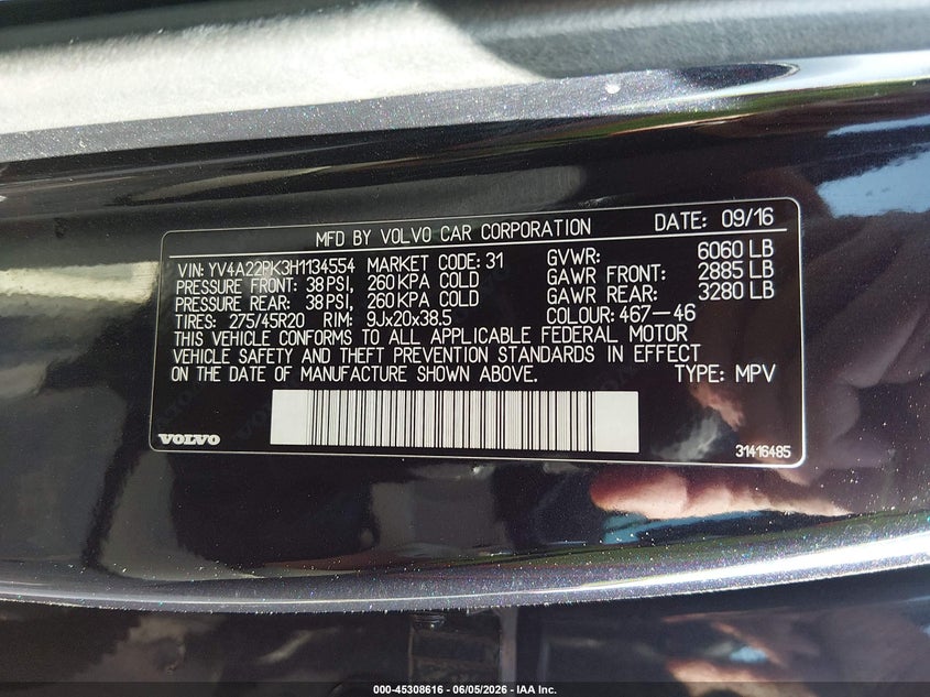 2017 Volvo Xc90 VIN YV4A22PK3H1134554 IAAI salvage auction — REAR END, Salvage Title, sold $5,500 on 2026-08-30 (photo 9)