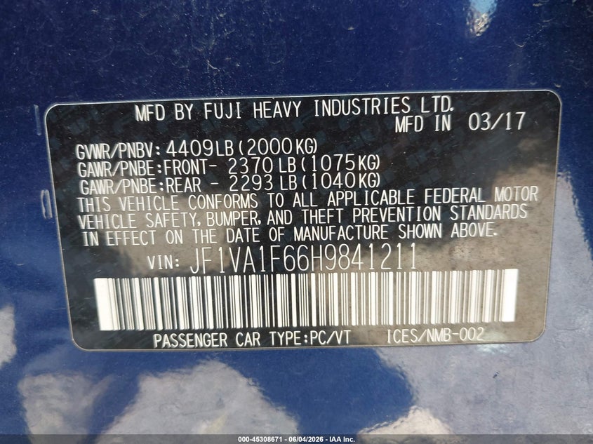 2017 Subaru Wrx VIN JF1VA1F66H9841211 IAAI salvage auction — FRONT END, Salvage Title, sold $3,150 on 2026-07-30 (photo 9)