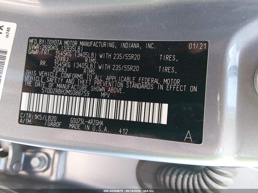 2021 Toyota Highlander VIN 5TDDZRBH2MS088759 IAAI salvage auction — FRONT END, Salvage (Tennessee), sold $9,200 on 2026-07-08 (photo 9)