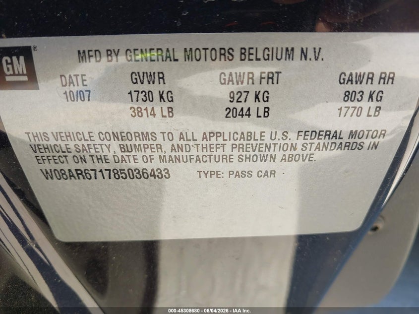 2008 Saturn Astra VIN W08AR671785036433 IAAI salvage auction — NORMAL WEAR, Original (Maine), sold $300 on 2026-07-13 (photo 9)