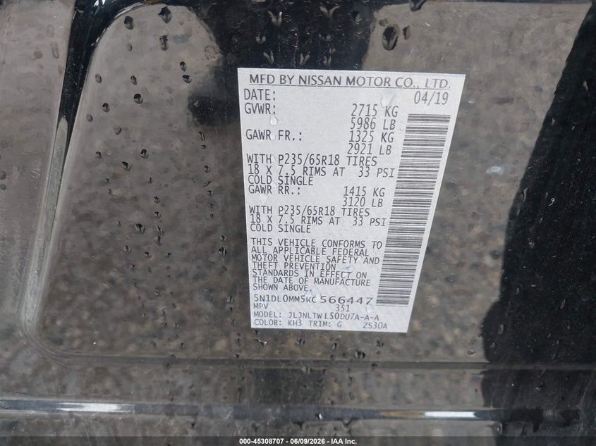 2019 Infiniti Qx60 VIN 5N1DL0MM5KC566447 IAAI salvage auction — FRONT END, Clear (Wisconsin), sold $3,550 on 2026-08-25 (photo 9)