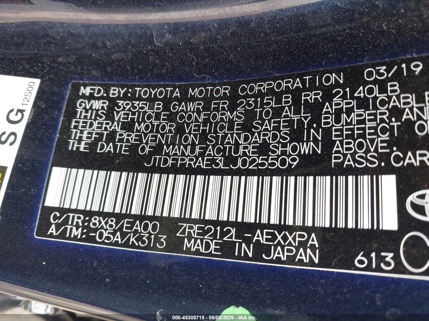 2020 Toyota Corolla VIN JTDFPRAE3LJ025509 IAAI salvage auction — LEFT SIDE, Salvage Title, sold $5,900 on 2026-07-17 (photo 9)