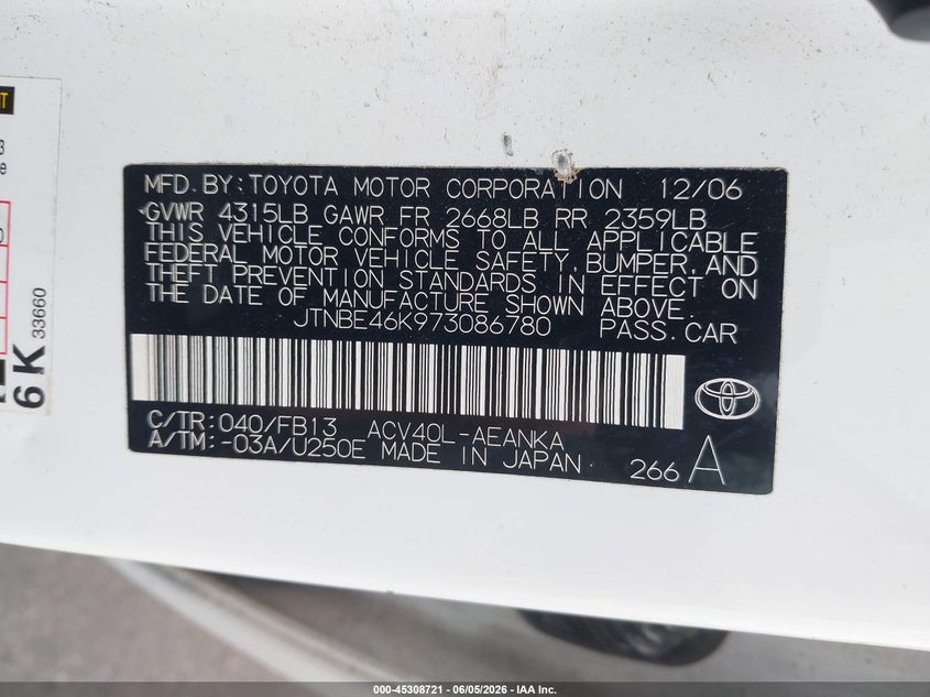 2007 Toyota Camry VIN JTNBE46K973086780 IAAI salvage auction — NORMAL WEAR, Clear (Texas), sold $500 on 2026-07-23 (photo 9)