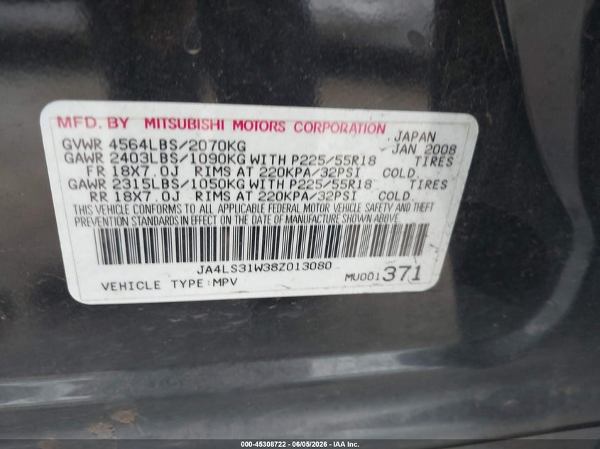 2008 Mitsubishi Outlander VIN JA4LS31W38Z013080 IAAI salvage auction — HAIL, Clear (Oklahoma), sold $1,050 on 2026-07-09 (photo 9)