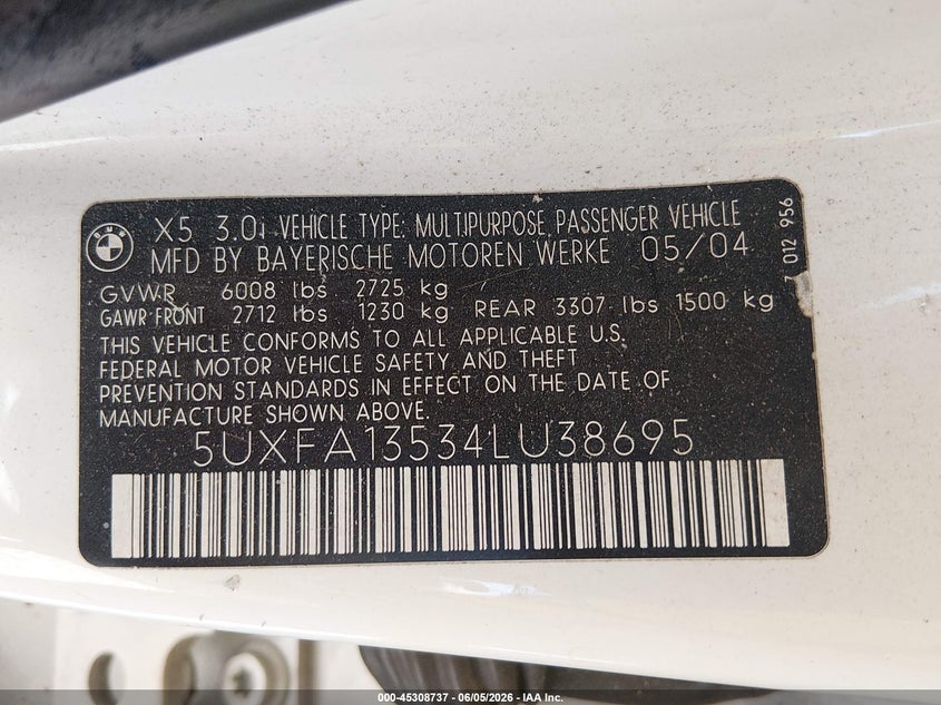 2004 BMW X5 VIN 5UXFA13534LU38695 IAAI salvage auction — NORMAL WEAR, Original (West Virginia), sold $200 on 2026-07-08 (photo 9)